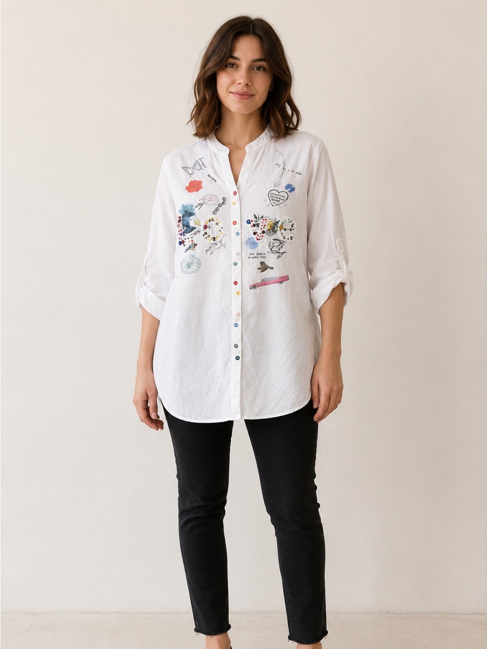 Desigual Womens L White LOVE Beaded Graphic Button Down Shirt Artsy Boho